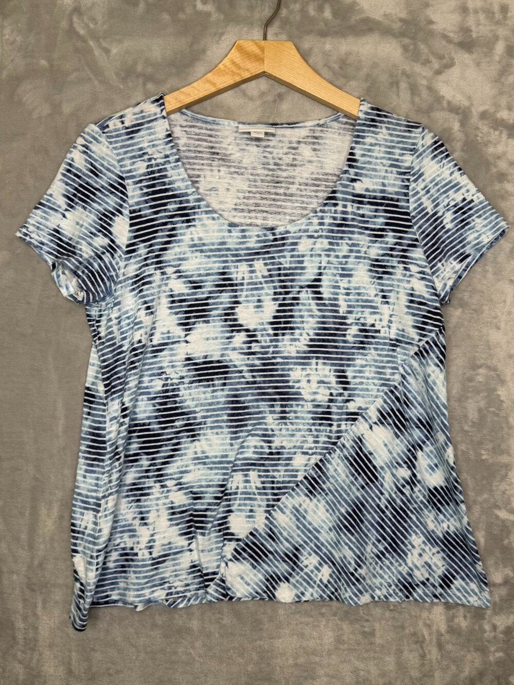 Pure Jill J. Jill Top Womens Medium Blue White Abstract Print Linen Blend